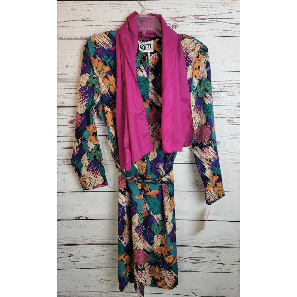 NWT VTG EJM Dress with Scarf Women's Size 8P Bold Green Blue Abstract Belted